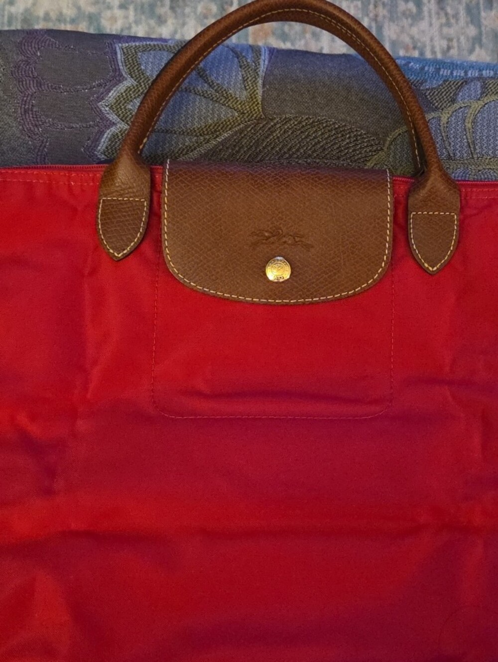 Longchamp Medium Short Handle Red Nylon Tote Bag with Brown Leather Trim